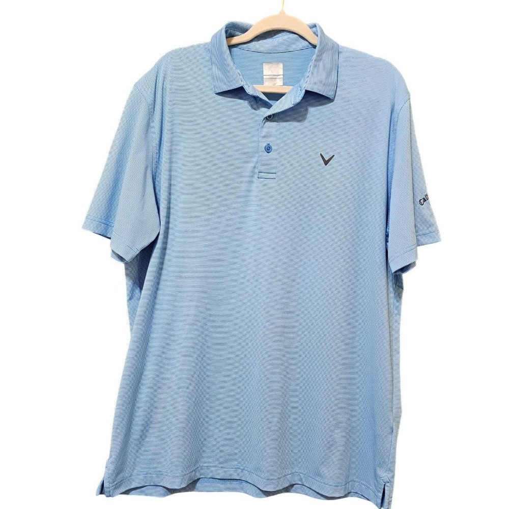 Callaway Polo Shirt Mens Large‎ Blue White Pinstripes Embroidered Logo Side Slit